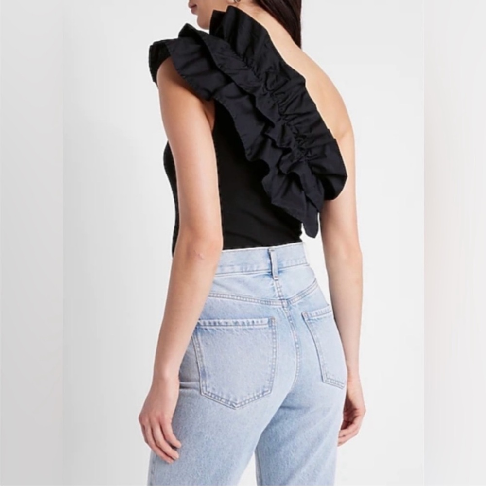 NEW Black Bodysuit NWT Express Ruffle Ribbed One Shoulder Poplin Thong T… - Picture 5 of 9